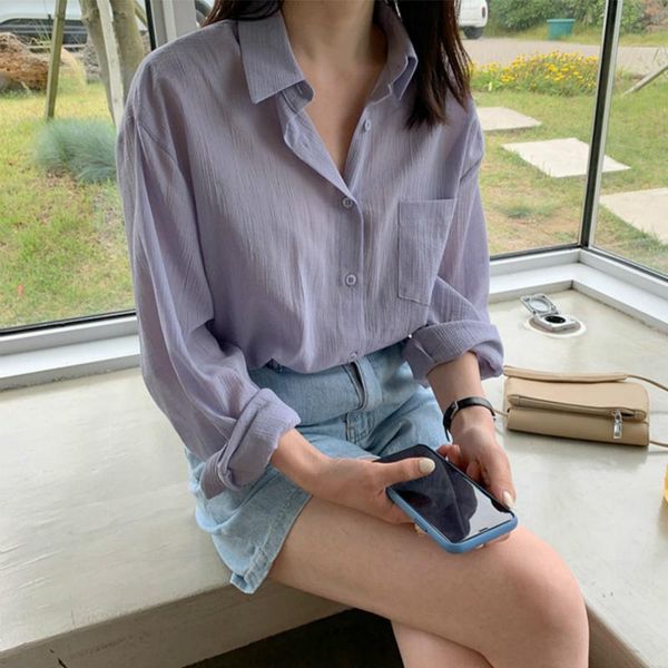 

women's blouses & shirts 2021 women summer purple loose chiffon blouse full sleeve single breasted shirt turn-down collar, White