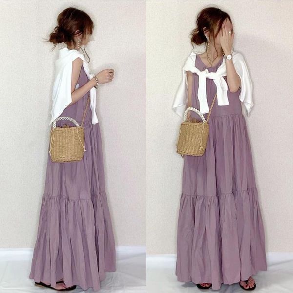 

casual dresses purple daily sweet maxi dress summemr sleeveless long korean janpan women 2021 robe femme vestiods loose, Black;gray