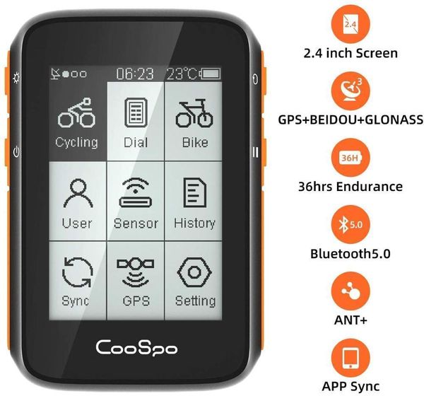 CooSpo Ciclocomputer wireless per bici Contachilometri GPS Contachilometri 2,4 pollici BLE5.0 ANT+ Sensore di sincronizzazione APP Impermeabile con staffa 201120