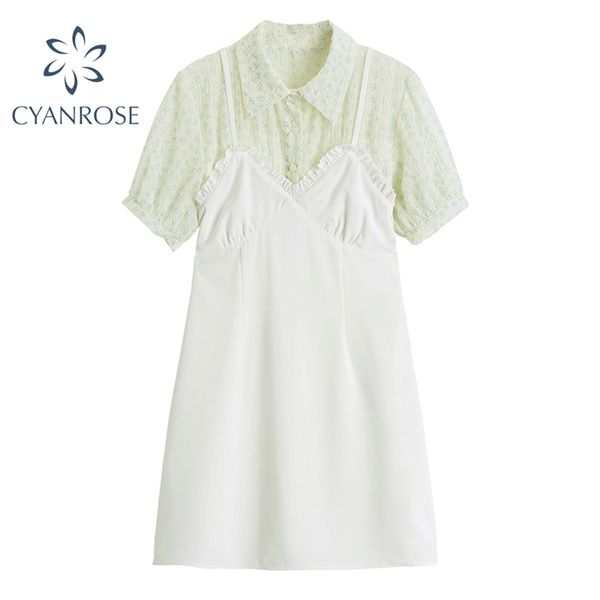 

summer women korean sweet mini dress fake 2 pieces floral print patchwork puff short sleeve vestiods elegant romantic lady 210430, Black;gray