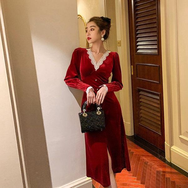 

casual dresses women 2021 spring autumn velvet female vintage lace v-neck long sleeve midi dress elegant ladies party vestidos z284, Black;gray