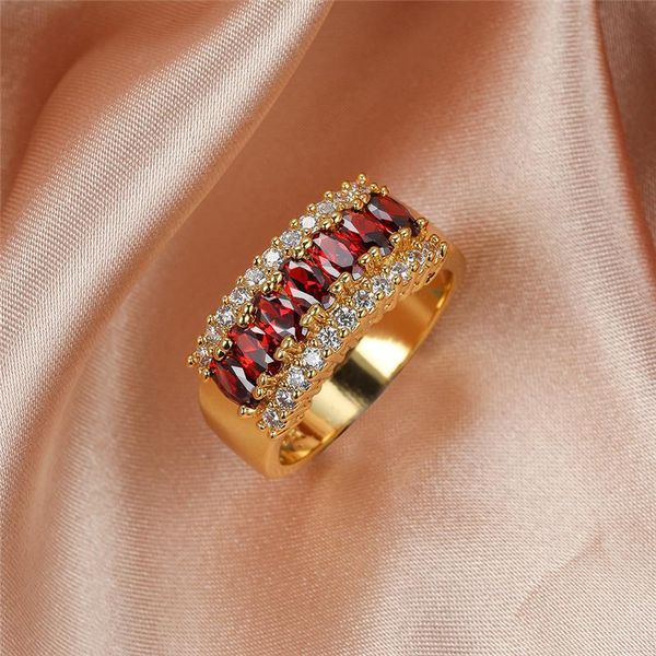 

wedding rings single row red crystal zircon ring vintage fashion yellow gold small oval stone for women jewelry engagement bands, Slivery;golden