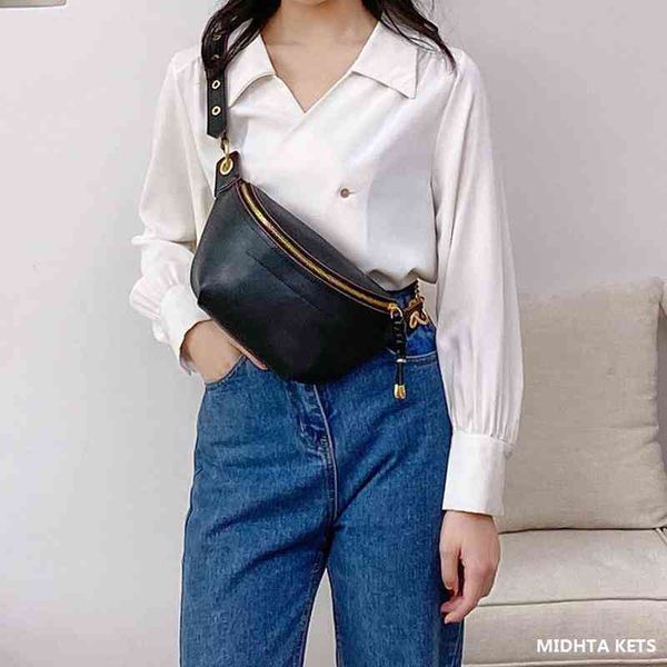 

pockets handbag waist small black korean version cowhide leisure women's messenger versatile, Black;red