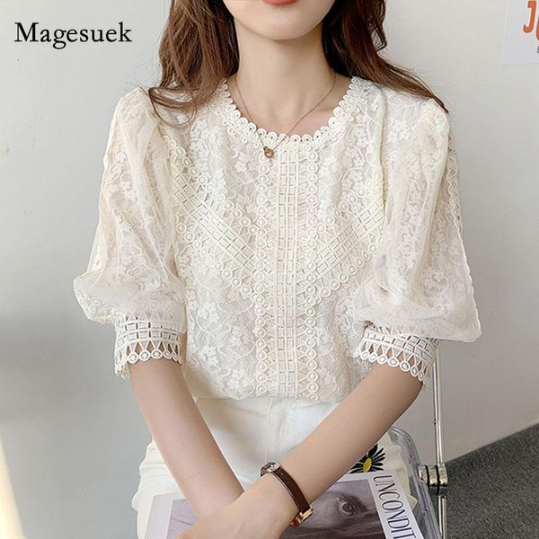 

women's blouses & shirts loose lace women summer lantern sleeve vintage shirt elegant patchwork crochet clothing blusas mujer 14376, White