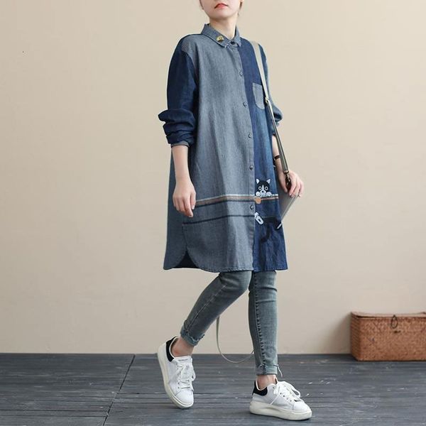 

shorts spring autumn arts style women turn-down collar long denim shirt coat stripe patchwork embroidery loose blouse femme m524 q6rf, White;black