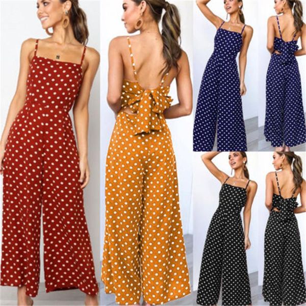 

women's jumpsuits & rompers elegant women sleeveless polka dots loose trousers wide leg pants holiday backless bow leotard overalls, Black;white