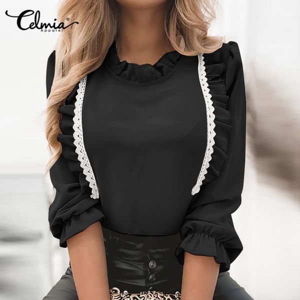 

blouses women 2021 elegant lace ruffled blouses celmia fashion office long sleeve solid tunic casual patchwork blusas plus size 5xl, White