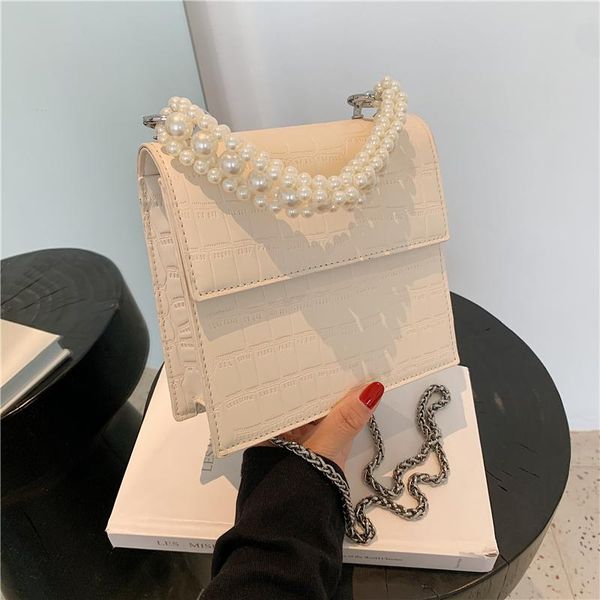 

evening bags 2021 pearl handle solid color shoulder bag elegant female travel handbag fashion ladies pu leather chain strap crossbody