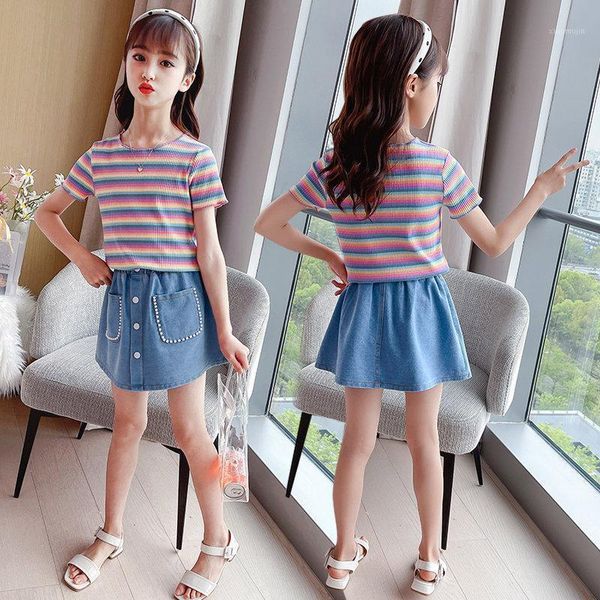 

clothing sets teen girls summer rainbow striped t shirt denim skirt two pieces suit for kids tracksuit short sleeve children clothes 4-13y, White