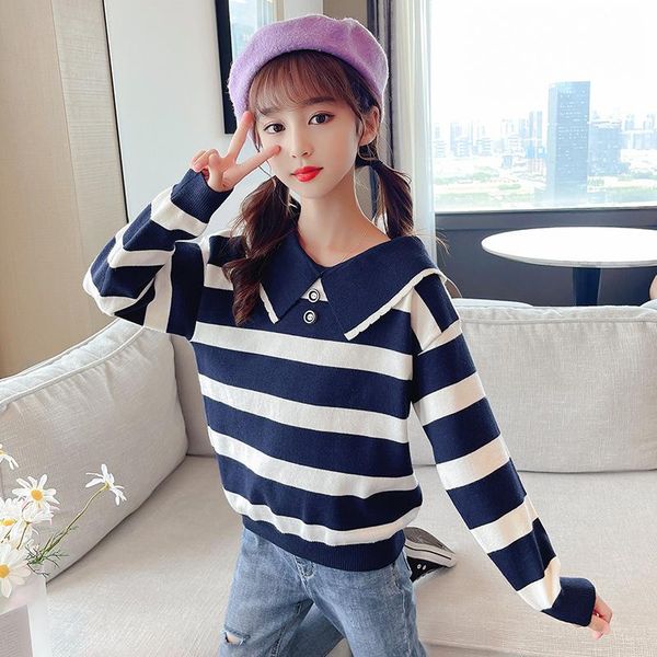 

pullover autumn kids knitting coat baby girls sweaters kid knitwear stripe long sleeve school girl sweater preppy style, Blue