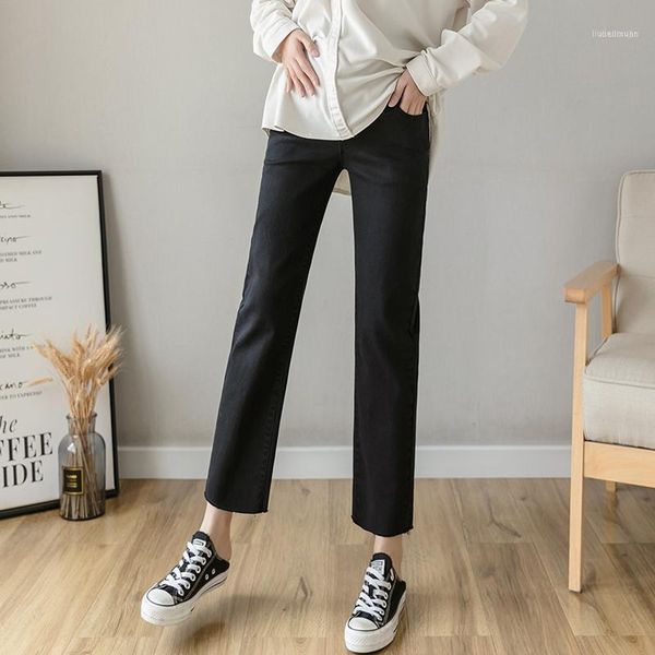 

8930# 2021 spring summer 9/10 length black denim maternity jeans chic straight pants clothes for pregnant women autumn pregnancy1, White
