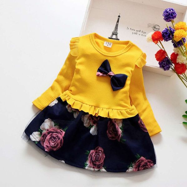 

autumn spring new girl dress baby girls long sleeve bow floral party dresses girl clothing dress, Red;yellow