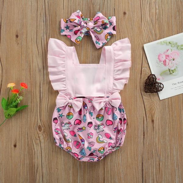 

rompers infant baby girls romper + bow headband flower print pattern ruff decoration little princess summer clothing, Blue