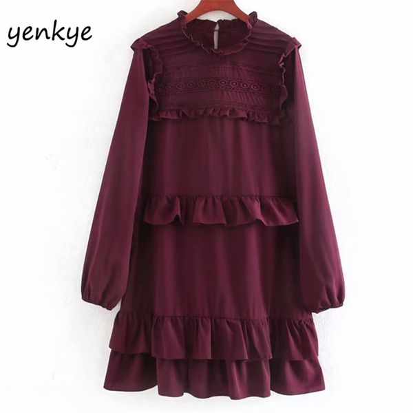 

sweet women vintage solid ruffle dress long sleeve stand collar a-line elegant chiffon plus size ccwm9572 210514, Black;gray