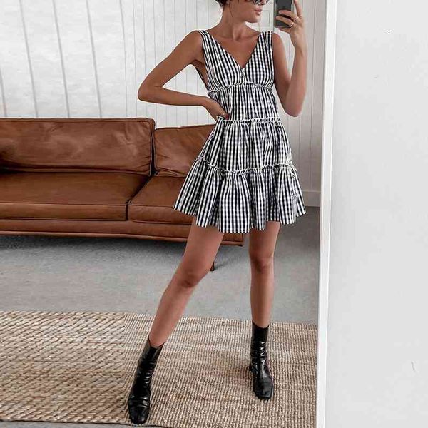 

casual dresses plaid girls summer chic tank sleeveless v neck a-line ruffles print short fashion party female vestidos ccri, Black;gray