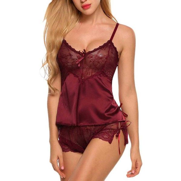 Kadınlar seksi iç çamaşırı dantel nightwear saten pijama kabuklası kısa setler pamas nuisette #2m20 q0706