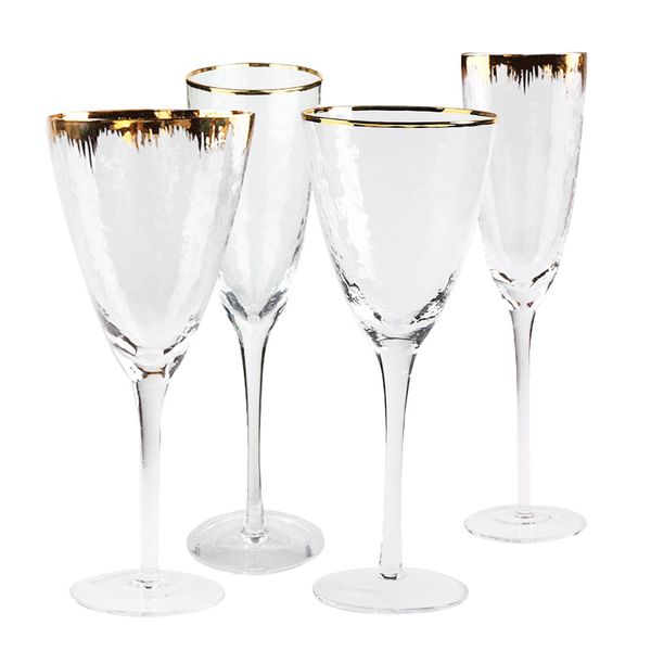 Bicchieri da vino martellati multicolori Flute da champagne Calice con bordo dorato Calice in vetro cordiale con stelo per feste di nozze al ristorante