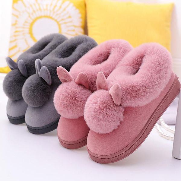 

thick sole shoes keep warm slipper cotton root wrap single ball indoor winter long ears old slippers, Black