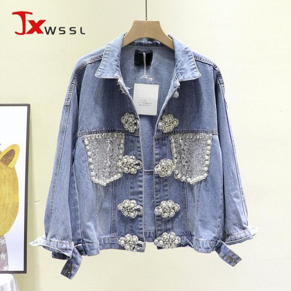 

women's jackets spring vintage patch diamond sequin pocket blue denim jacket women loose long sleeve casual jeans vetement ms short coa, Black;brown