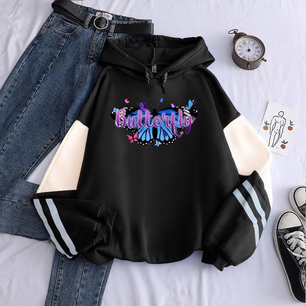 

women's hoodies & sweatshirts loona butterfly print patchwork harajuku aesthetic streetweat oversized winter keep warm, Black