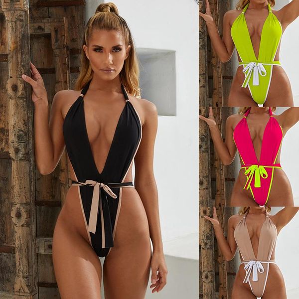 

one-piece suits women's halter bandage tie knot deep v backless one piece monokini thong swimsuit strappy swimwear plunge high cut bath