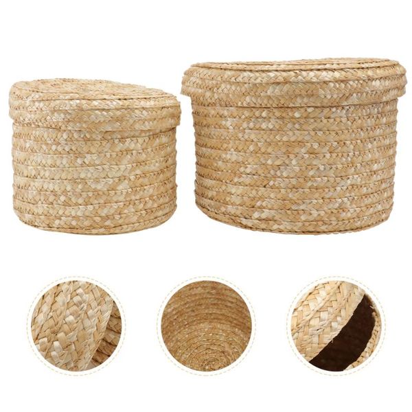 

2pcs decorative storage baskets multipurpose straw weaving boxes (khaki)
