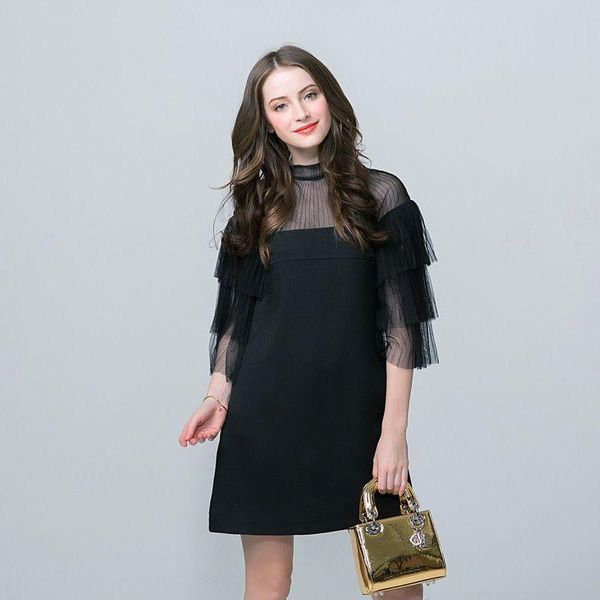 

casual dresses 2021 arrival fashion sweet layer ruffles flare sleeve mesh designer high neck slim a line women's, Black;gray