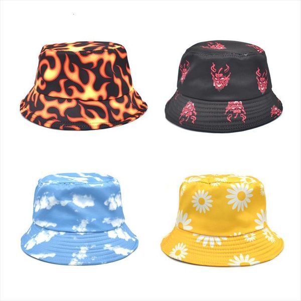 

summer print bucket hat blue sky clouds flame fisherman for women mens panama bob outdoor travel beach sun cap, Blue;gray