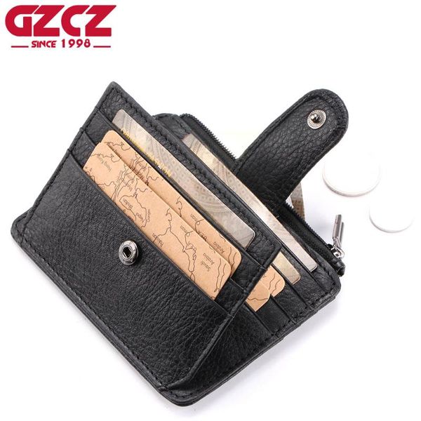 

card holders gzcz slim genuine leather wallet holder case id pocket purses zipper design travel mini walet female portomonee 2021, Brown;gray