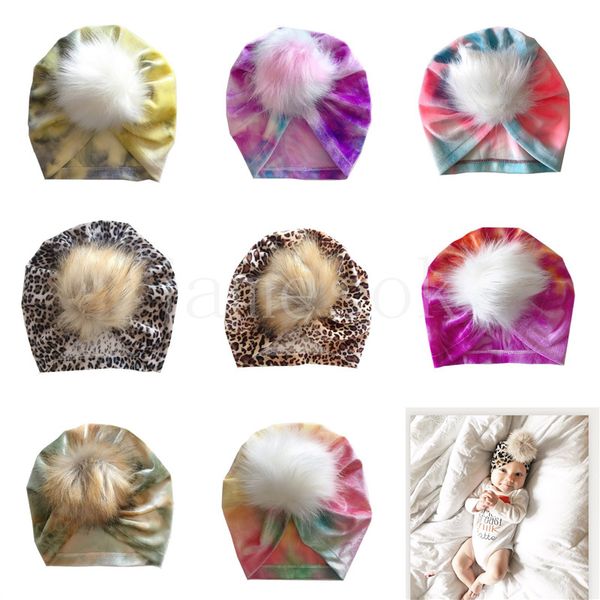 13 Farben Neugeborenen Kleinkind Tie Dye Leopard Samt Haar Ball Caps Hut Baby Mädchen Slouchy Beanies DE063