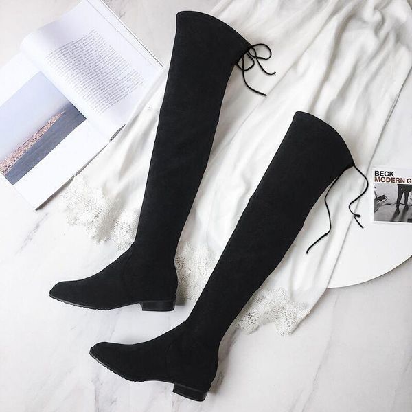 

boots 2021 over knee women autumn winter thick heel ladies black flat low long lace up