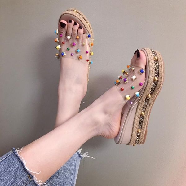 

slippers sweet casual fashion ladies high-heeled summer style rivet platform waterproof beach shoes., Black