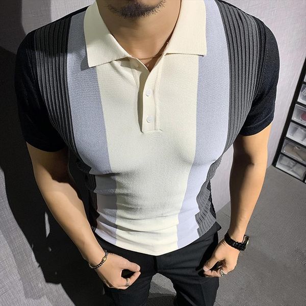 

summer knitted shirts fashion men polo short sleeve lapel tee striped business casual clothing streetwear hombre, White;black