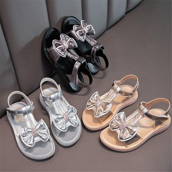 

sandals 2021 summer fashion girl girl's pure color lovely bow princess shoes soft sole anti slip light beach, Black;red