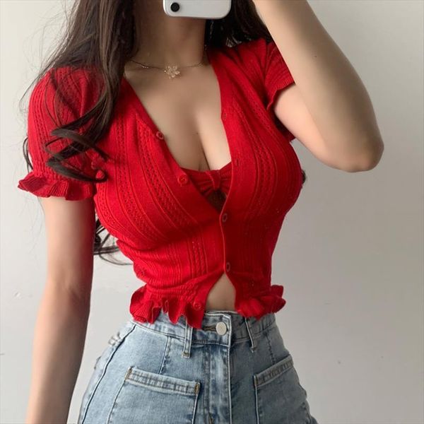 

european korea knitted women blouses short sleeve fashion hollow lace french girl low chest v neck blouse r4ly, White