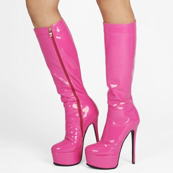 

boots western patent leather pure color winter women knee high round toe thin heels zipper fashion outdoor shoes, Black