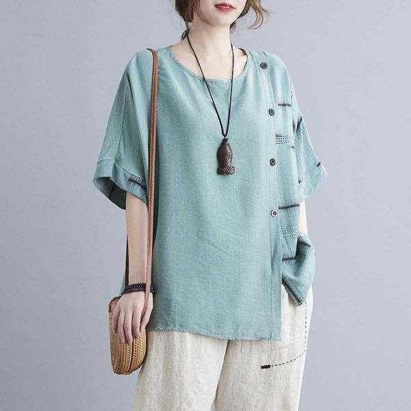 

summer vintage oversized t-shirts women harajuku o neck half sleeves button side splicing shirt loose casual tees mujer women's t-shir, White