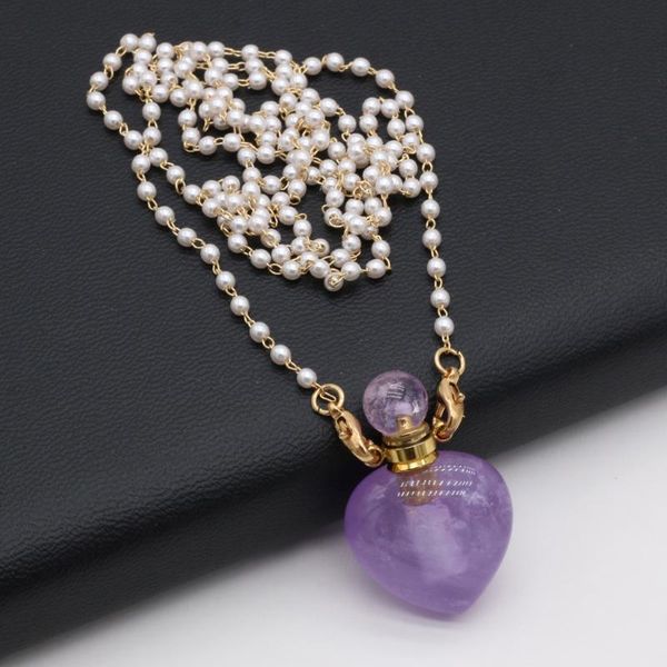 

chains natural heart shape amethysts stone perfume bottle necklace pendant two glasses pearl chain for women gift size 20x36mm 80cm, Silver