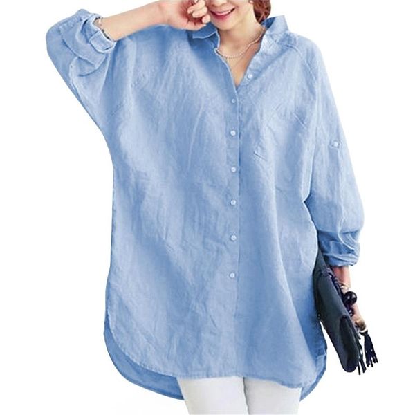 

women casual loose cotton linen blouse office lady ol elegant long sleeve shirt blue xxl women's blouses & shirts, White