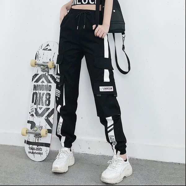 

women pant elastic waist loose streetwear cargo pants female fashion ankle length jogging trousers ladies plus szie casual, Black;white