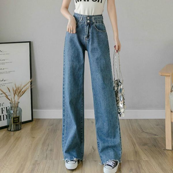 

women's jeans high waist loose hem wide leg straight long for women s  l xl, Blue