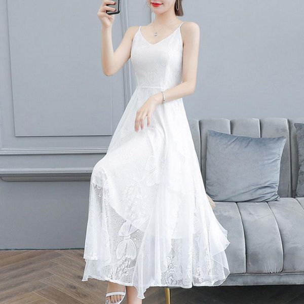 

women's fur & faux super fairy lace suspender dress 2021 spring and summer over the knee sweet chiffon retro waist slim skirt, Black