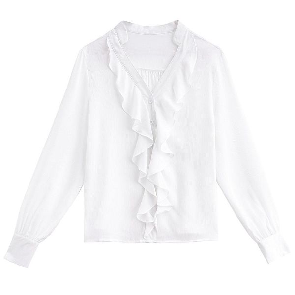 

women's blouses & shirts blouse women blusas mujer de moda 2021 ruffles v-neck chiffon shirt long sleeve white blusa b929