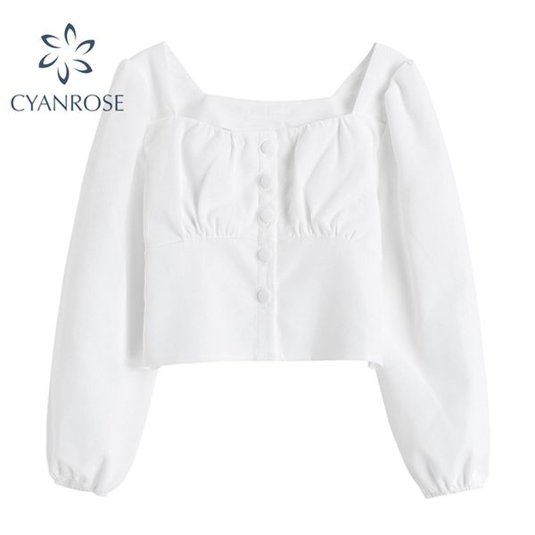 

spring korean solid blouse women square collar long sleeve white vintage elegant button crop shirt female blusas 210430