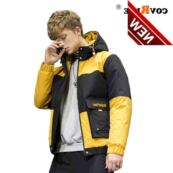 

covrlge man duck down jacket thick winter warm casual pathwork color matching hooded men coat us size mwy035, Black