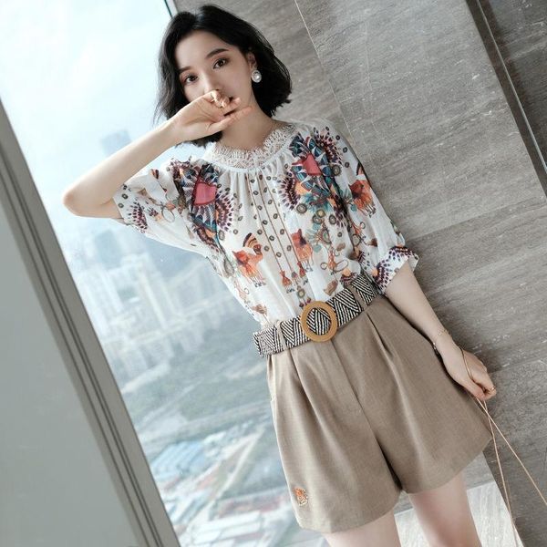 

women's tracksuits suit, vintage printed lace v-neck, high waist shorts, summer fashion, leisure loose t-shirt, pants,, Gray