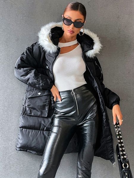 

flap pockets fuzzy hooded longline winter coat z92n#, Black