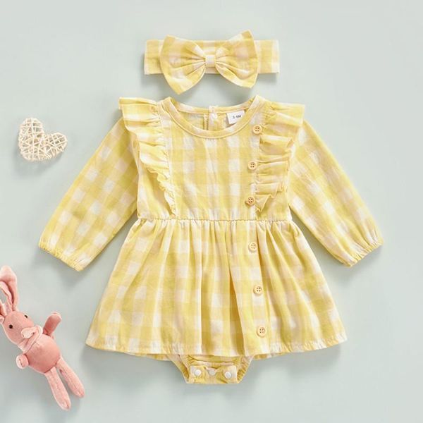 

girl's dresses baby girls dress, long sleeve round neck plaid side split button triangle crotch headband, clothing spring autumn, Red;yellow