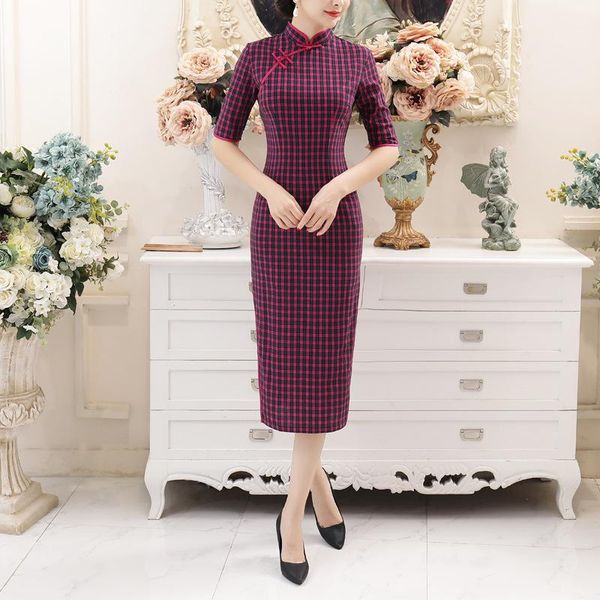 

ethnic clothing chinese traditional cheongsam women's cotton dress plaid costume size  to 3xl, Red