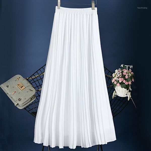 

skirts women high waist a-line pleated saia summer pure color white long faldas jupe femme chiffon s1 j7bx, Black